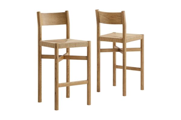 Alvia Weathered Oak Oak Wood Bar Stools With Woven Seats (Set of 2)