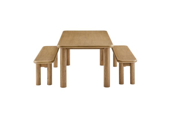 Alvia Weathered Oak 3-Piece Oak Wood Dining Table and Benches Set