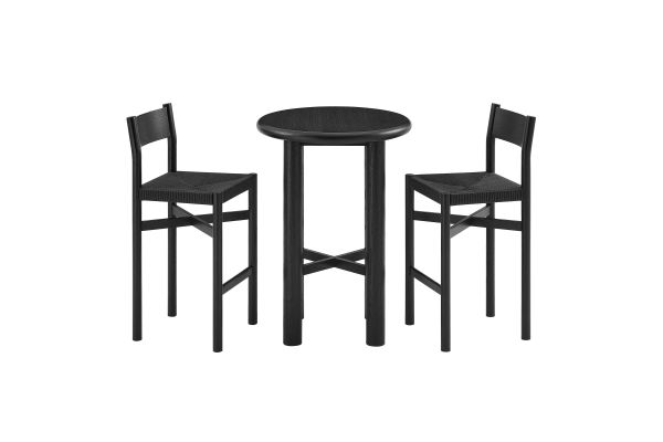 Alvia Black 3-Piece Round Oak Wood Bar Table With Bar Stools Set