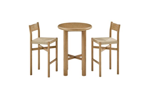 Alvia Weathered Oak 3-Piece Round Oak Wood Bar Table With Bar Stools Set