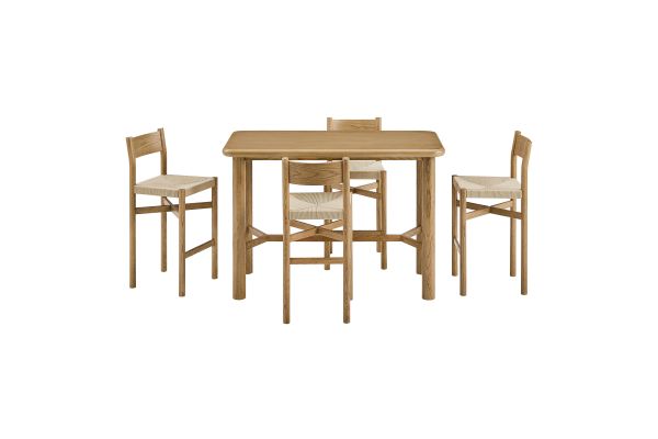 Alvia Weathered Oak 5-Piece Rectangular Oak Wood Bar Table With Bar Stools Set