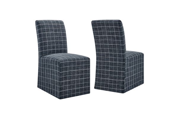 Aster Denim Windowpane Check Linen Cotton Blend Slipcovered Dining Chairs (Set of 2)