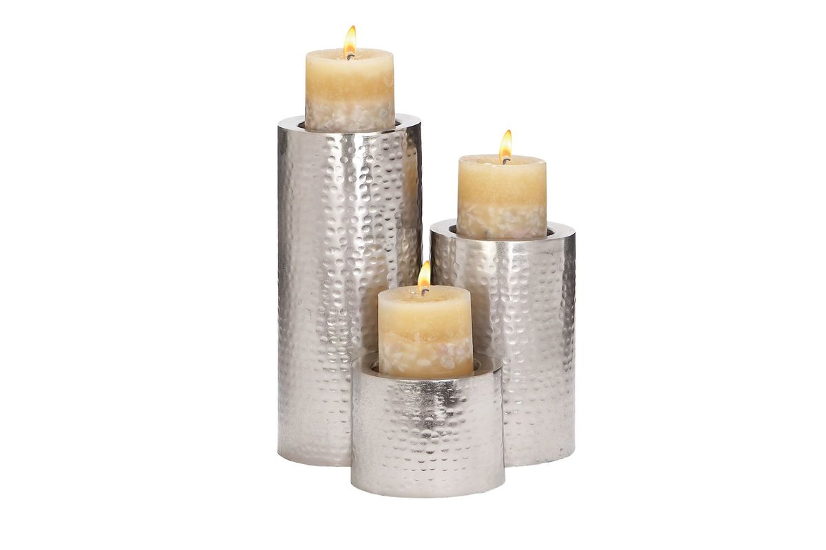 Contemporary Nickel Finish Hammered Pillar Candle Holders (Set of 3)