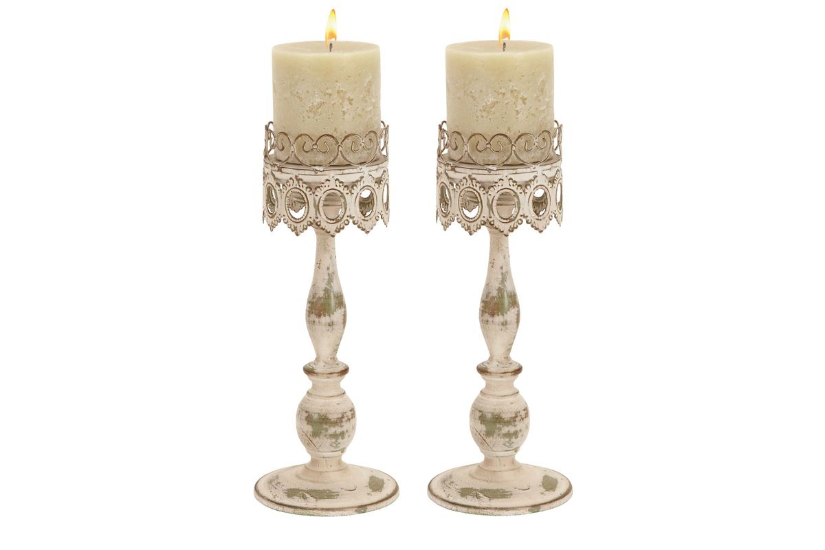 French Inspired Distressed Ivory Iron Pillar Candle Holders (Set of 2)
