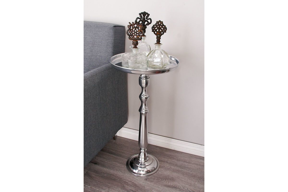 Updated Traditional Round Accent Tray Table in Silver at GardnerWhite