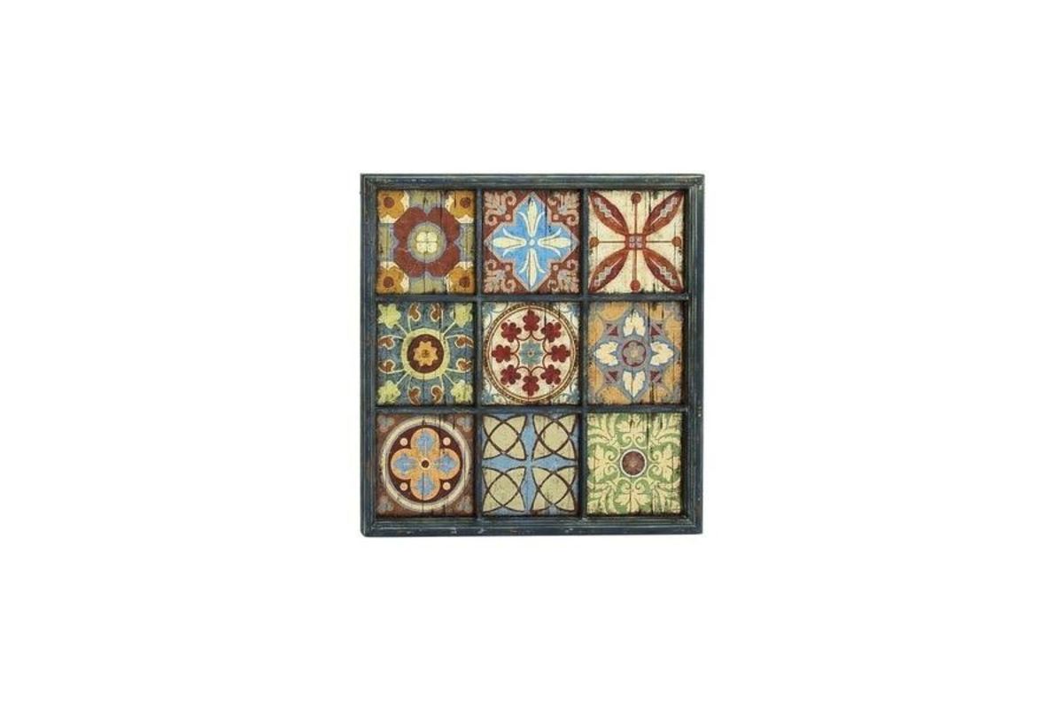 Rustic Geometric Tile Wall Art in Distressed Multicolor