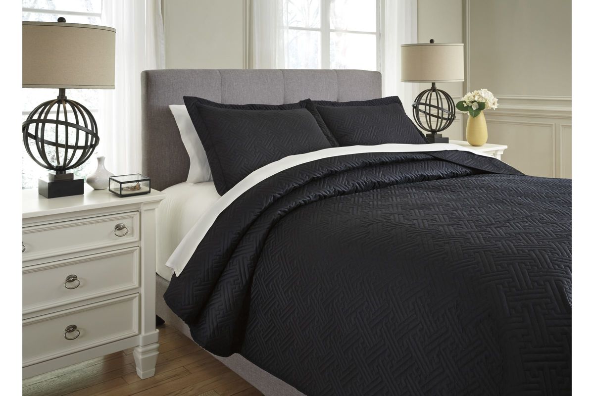 Aldis Queen Coverlet Set in Black by Ashley at GardnerWhite