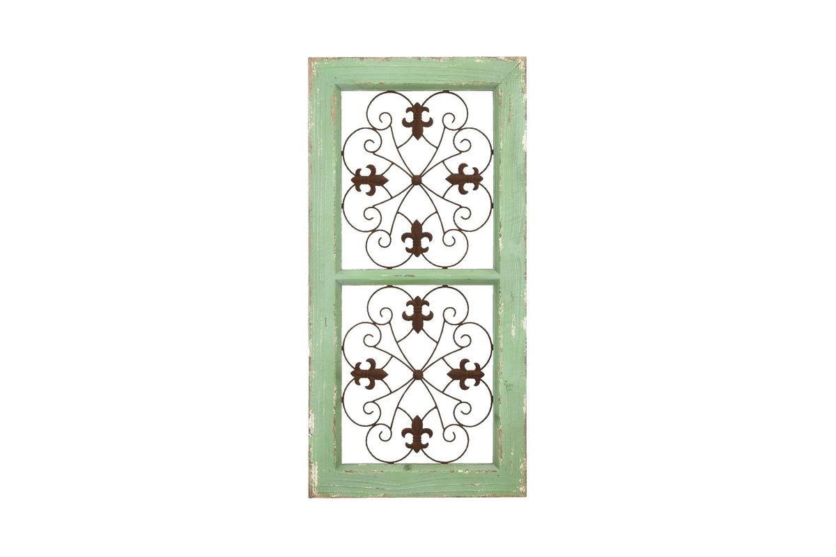 French Inspired Window Panel Wall Decor in Distressed Green