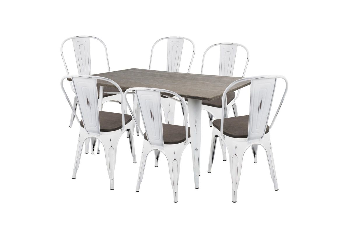Oregon 7pc Industrial Farmhouse Dining Set in Vintage White and