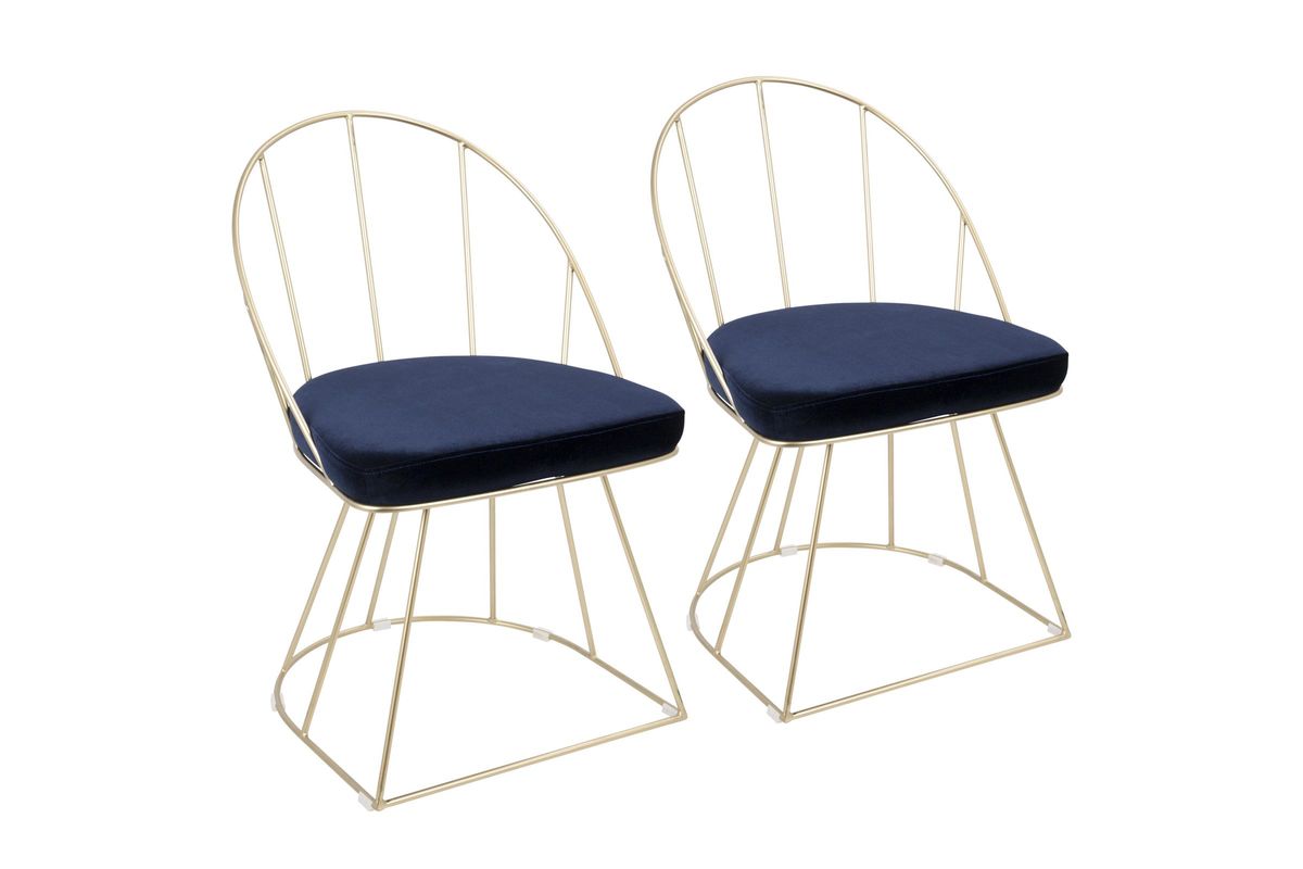 Canary Contemporary Dining Chairs (Set of 2) in Gold and Blue Velvet by